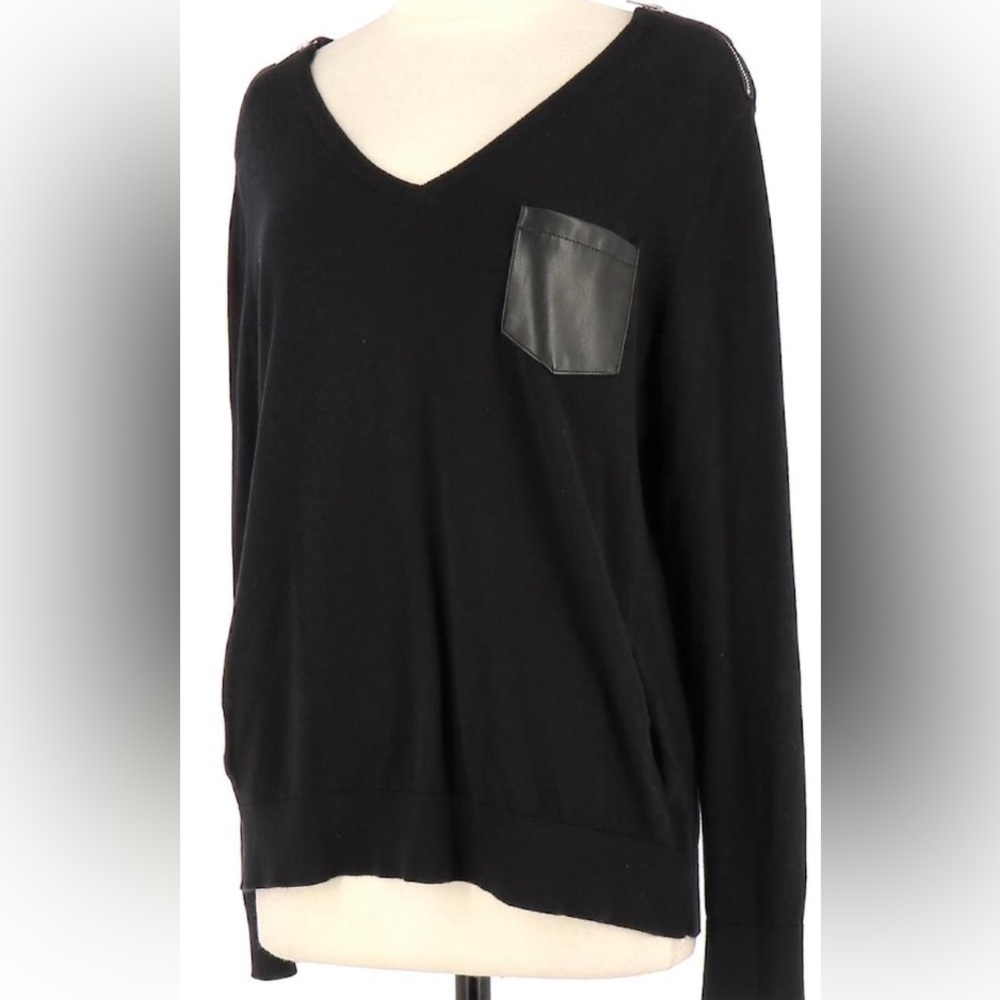 Karen Kane Black V-neck Lightweight Top with Faux Leather Pocket